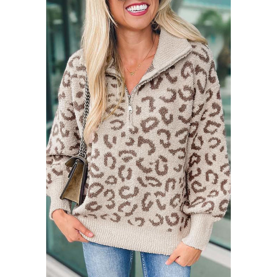 Leopard Half Zip Long Sleeve Sweater Leopard / S Apparel and Accessories