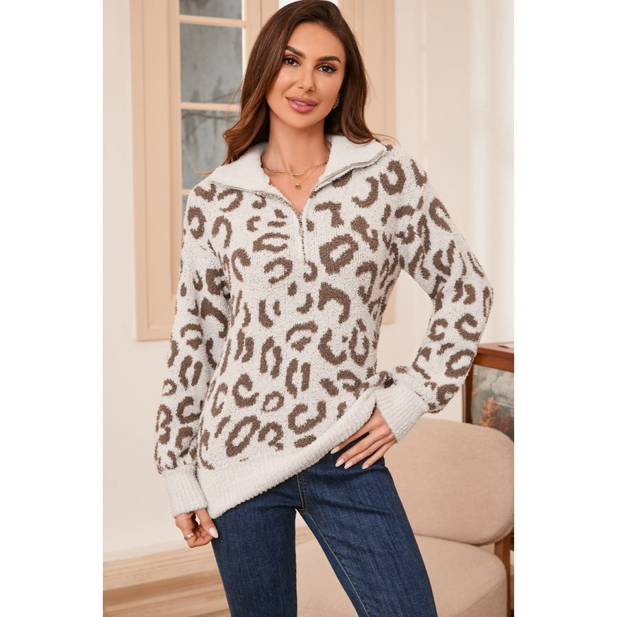 Leopard Half Zip Long Sleeve Sweater Apparel and Accessories