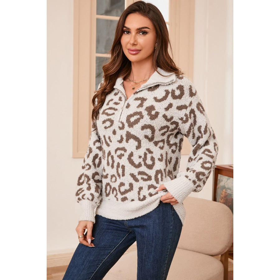 Leopard Half Zip Long Sleeve Sweater Apparel and Accessories