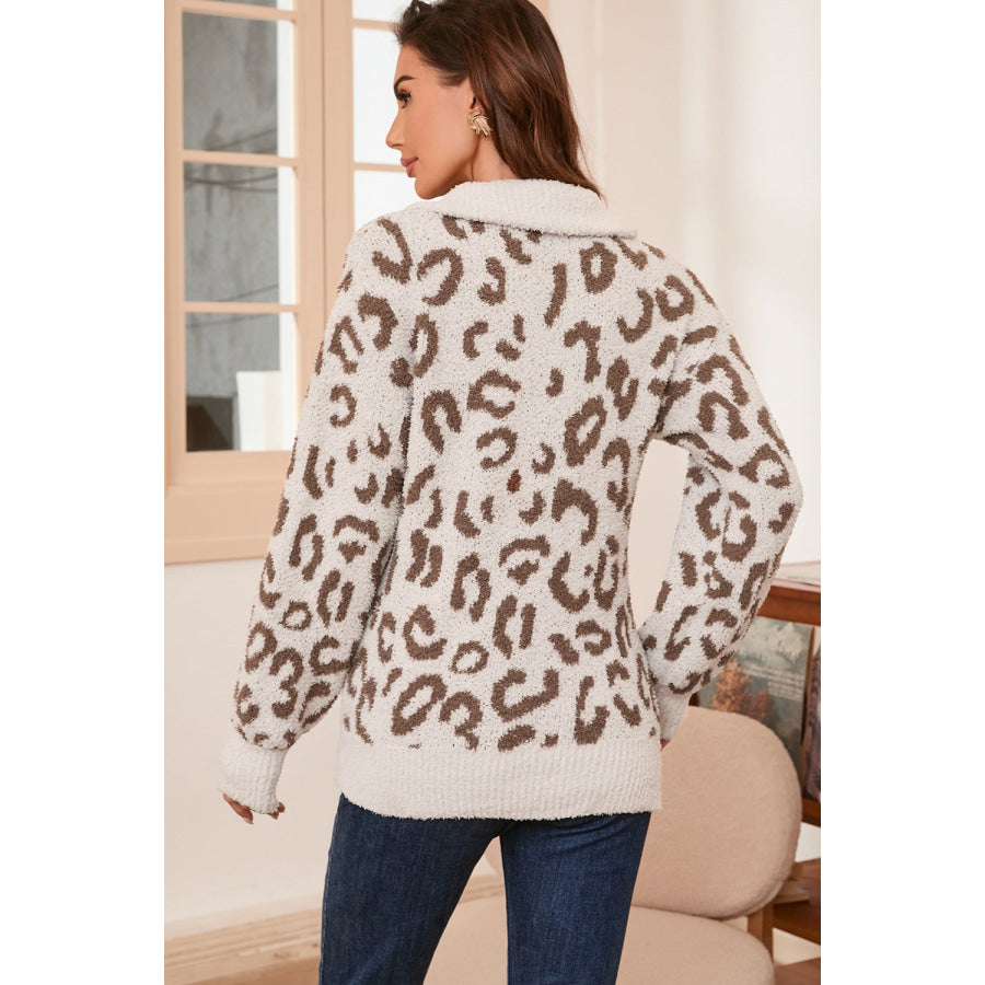 Leopard Half Zip Long Sleeve Sweater Apparel and Accessories