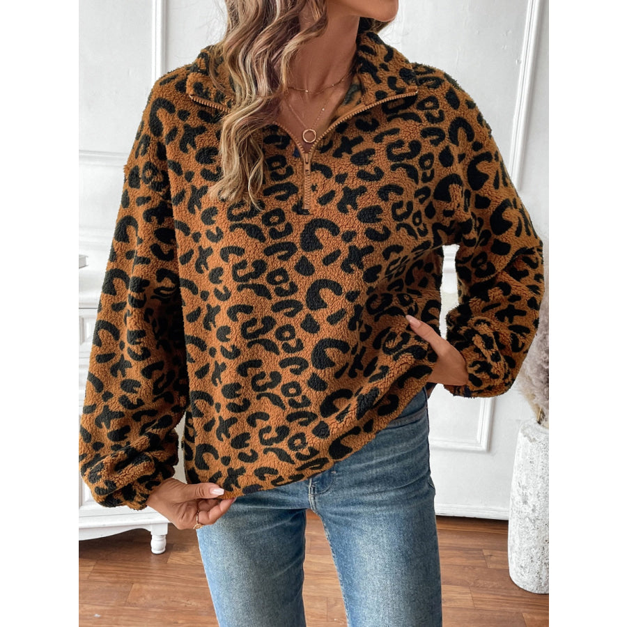 Leopard Half Zip Long Sleeve Sweatshirt Apparel and Accessories