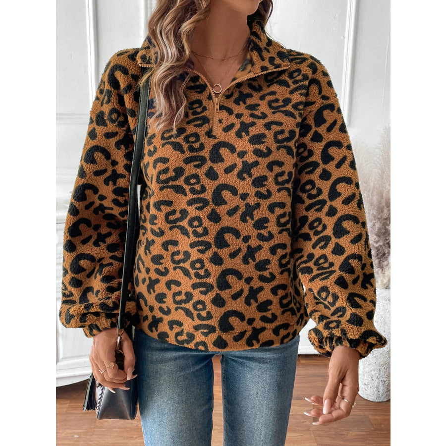 Leopard Half Zip Long Sleeve Sweatshirt Apparel and Accessories