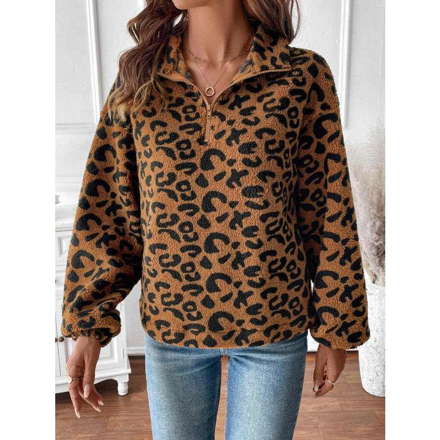 Leopard Half Zip Long Sleeve Sweatshirt Apparel and Accessories