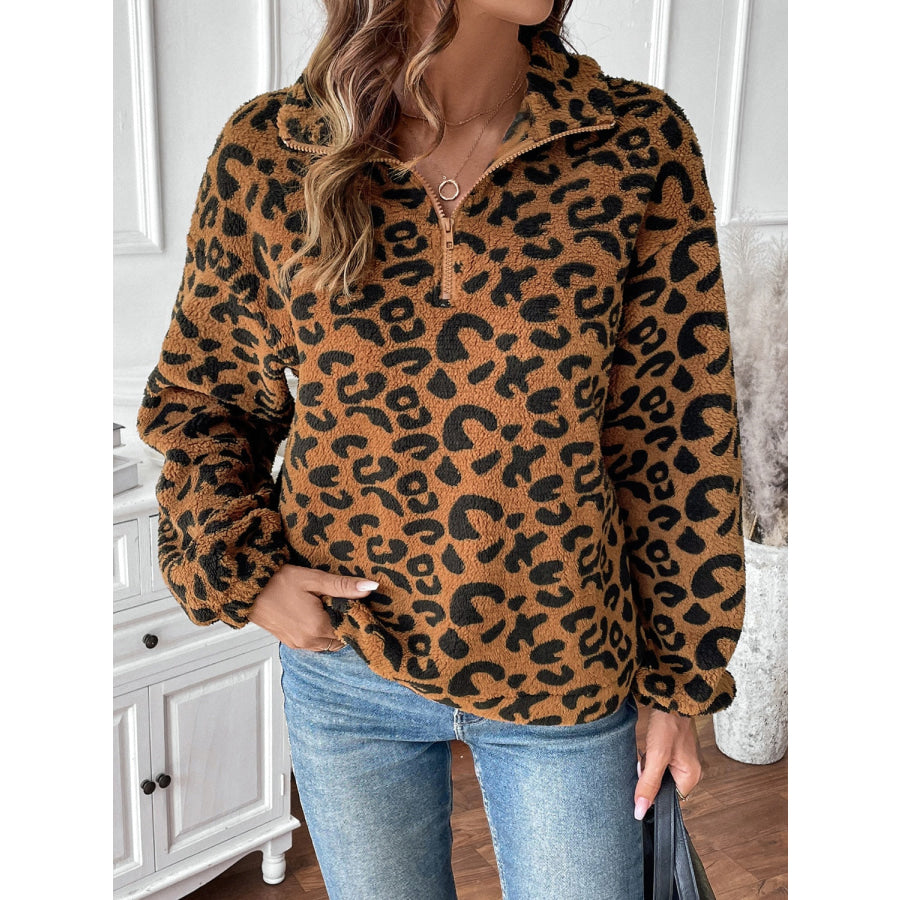 Leopard Half Zip Long Sleeve Sweatshirt Brown / S Apparel and Accessories