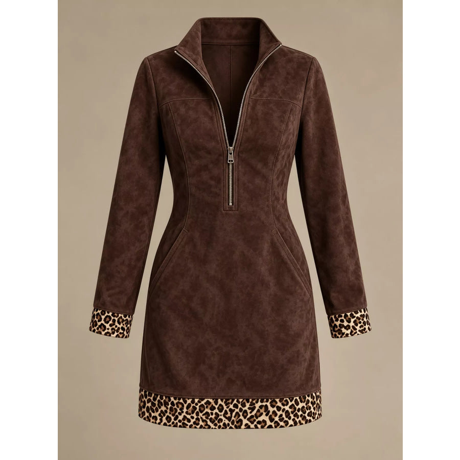 Leopard Half Zip Mini Dress Apparel and Accessories