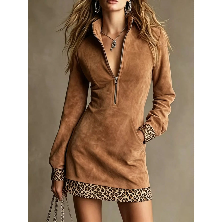 Leopard Half Zip Mini Dress Apparel and Accessories