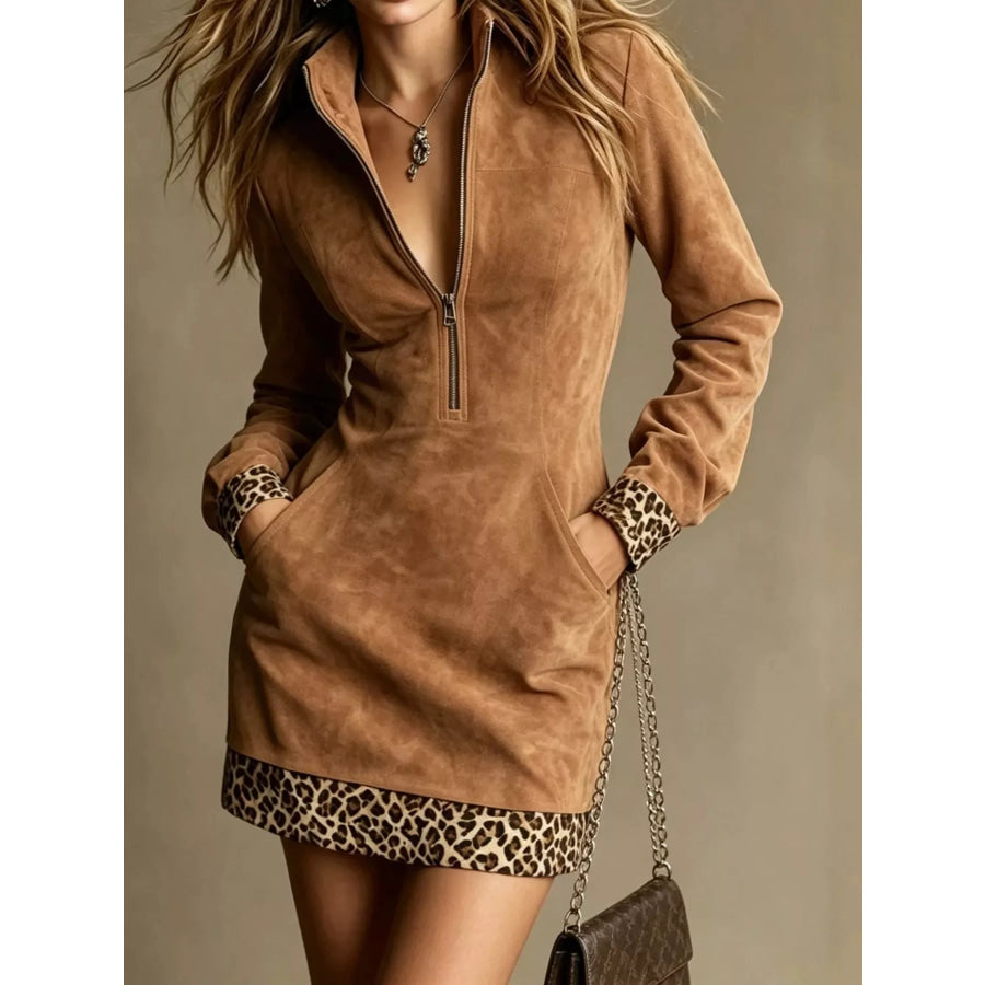 Leopard Half Zip Mini Dress Caramel / S Apparel and Accessories