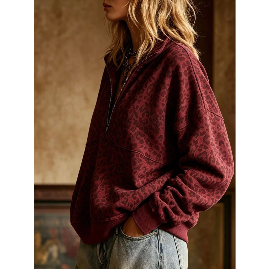Leopard Half Zip Oversized Sweatshirt Apparel and Accessories