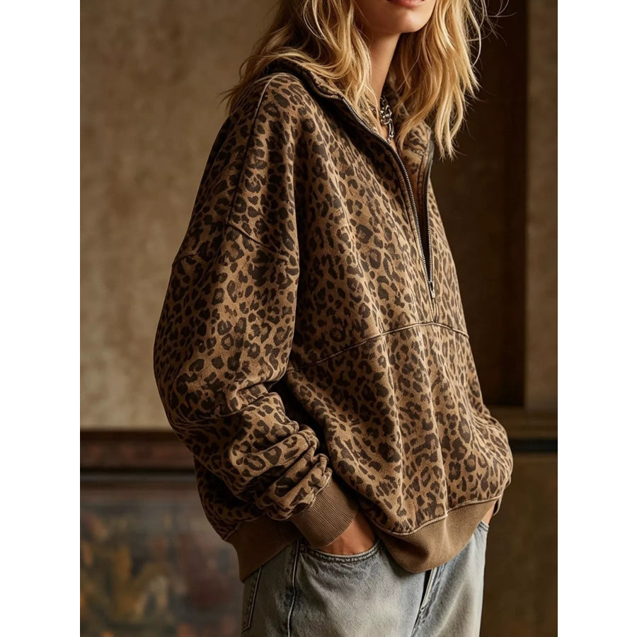 Leopard Half Zip Oversized Sweatshirt Apparel and Accessories