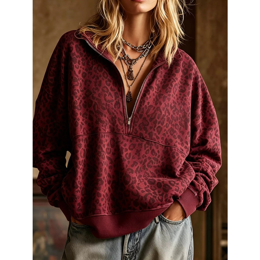 Leopard Half Zip Oversized Sweatshirt Burgundy / S Apparel and Accessories