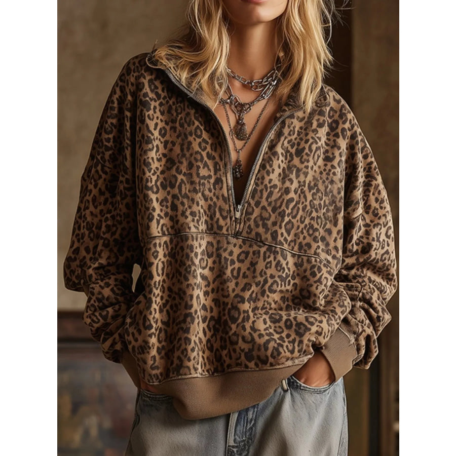 Leopard Half Zip Oversized Sweatshirt Coffee Brown / S Apparel and Accessories