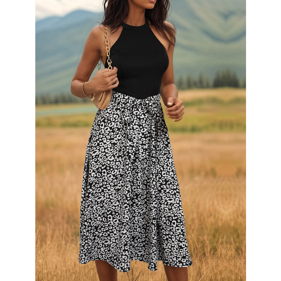 Leopard Halter Neck Midi Dress Black / S Apparel and Accessories