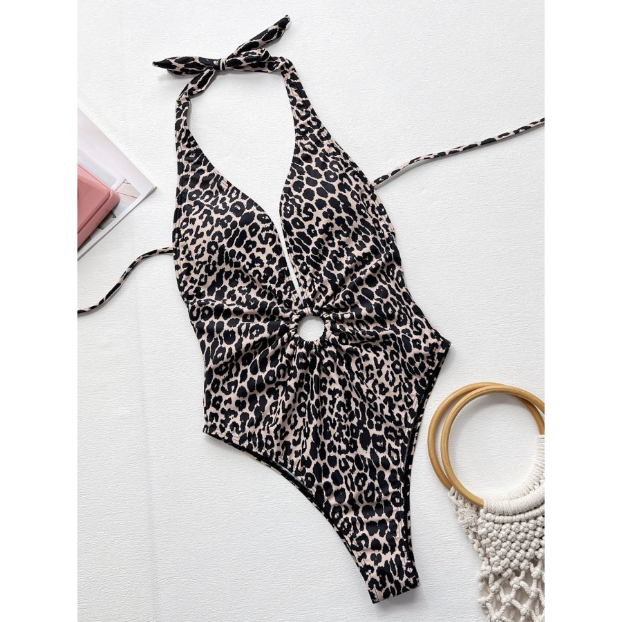 Leopard Halter Neck Ring Detail One-Piece Swimsuit Apparel and Accessories