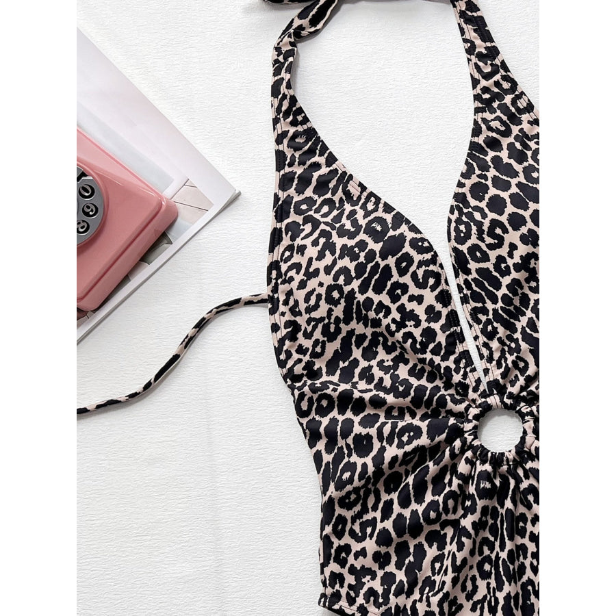 Leopard Halter Neck Ring Detail One-Piece Swimsuit Apparel and Accessories