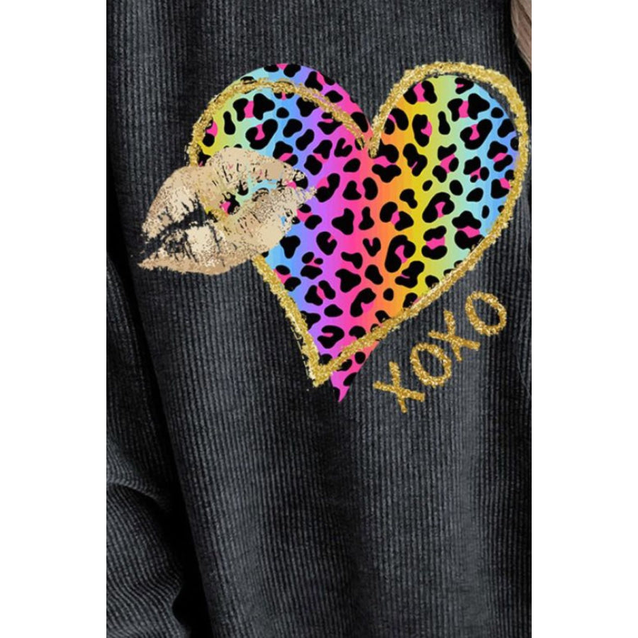 Leopard Heart Drop Shoulder Long Sleeve Sweatshirt Apparel and Accessories