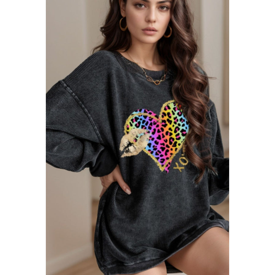 Leopard Heart Drop Shoulder Long Sleeve Sweatshirt Dark Gray / S Apparel and Accessories