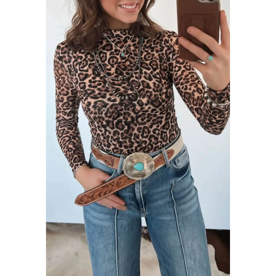Leopard High Neck Long Sleeve Western Slim Top Apparel and Accessories