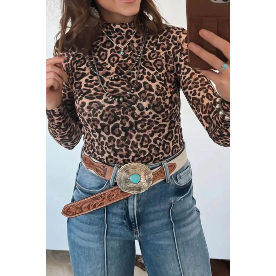 Leopard High Neck Long Sleeve Western Slim Top Apparel and Accessories