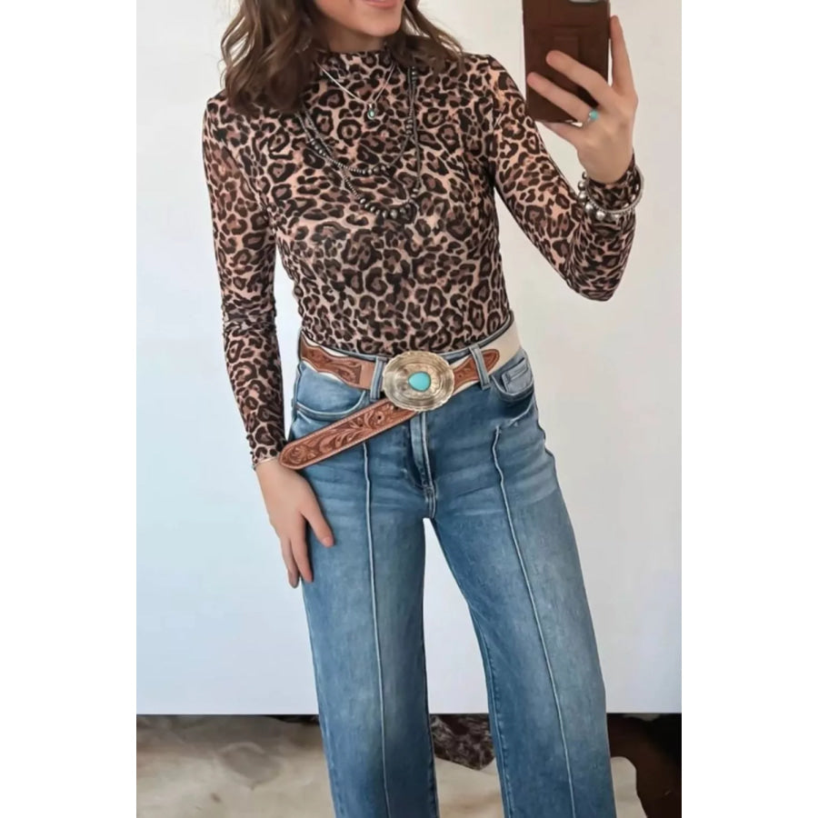 Leopard High Neck Long Sleeve Western Slim Top Apparel and Accessories