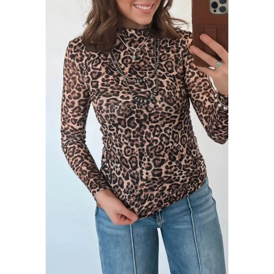 Leopard High Neck Long Sleeve Western Slim Top Apparel and Accessories