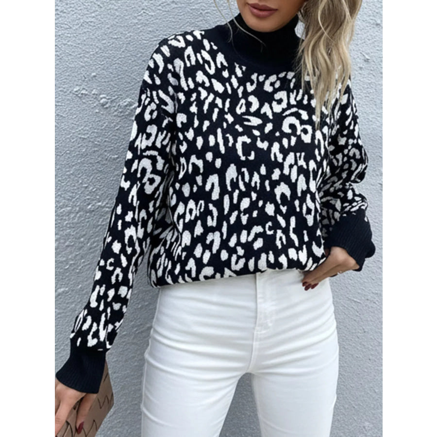 Leopard High Neck Pullover Sweater Apparel and Accessories