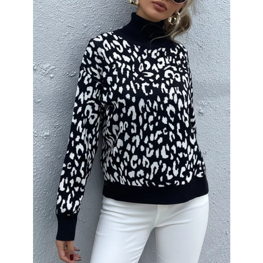 Leopard High Neck Pullover Sweater Apparel and Accessories