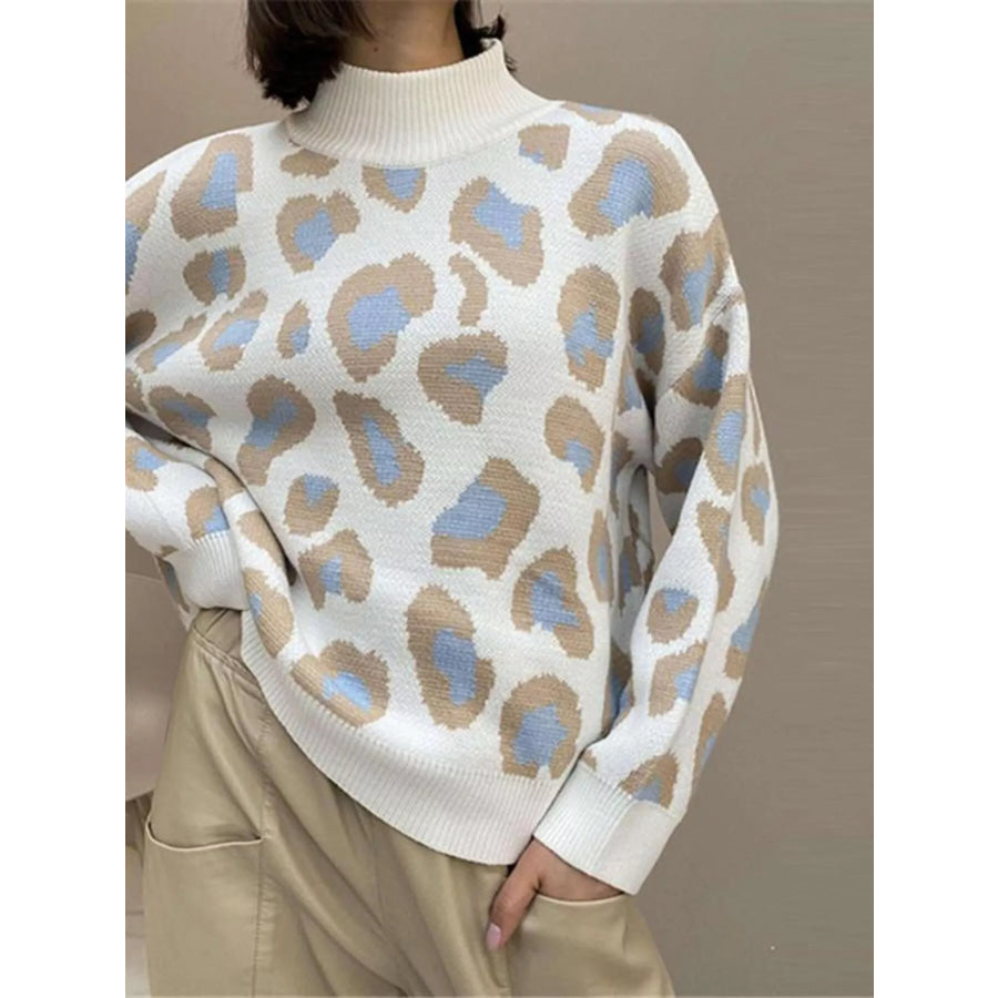 Leopard High Neck Sweater Blue / S Apparel and Accessories