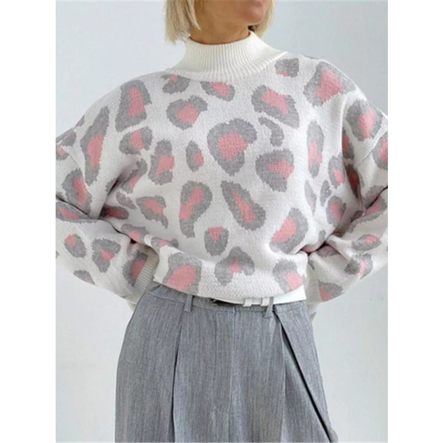 Leopard High Neck Sweater Pink / S Apparel and Accessories