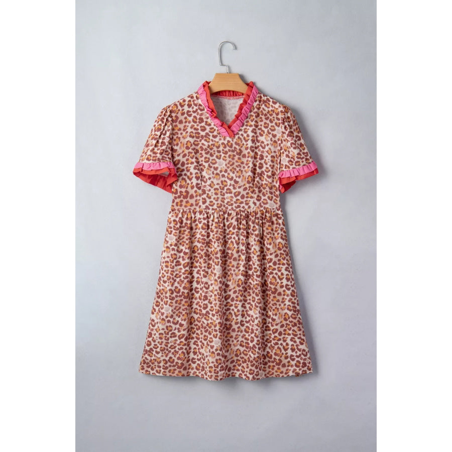 Leopard High Waist Ruffled Colorblock Trim Short Dress Apparel and Accessories