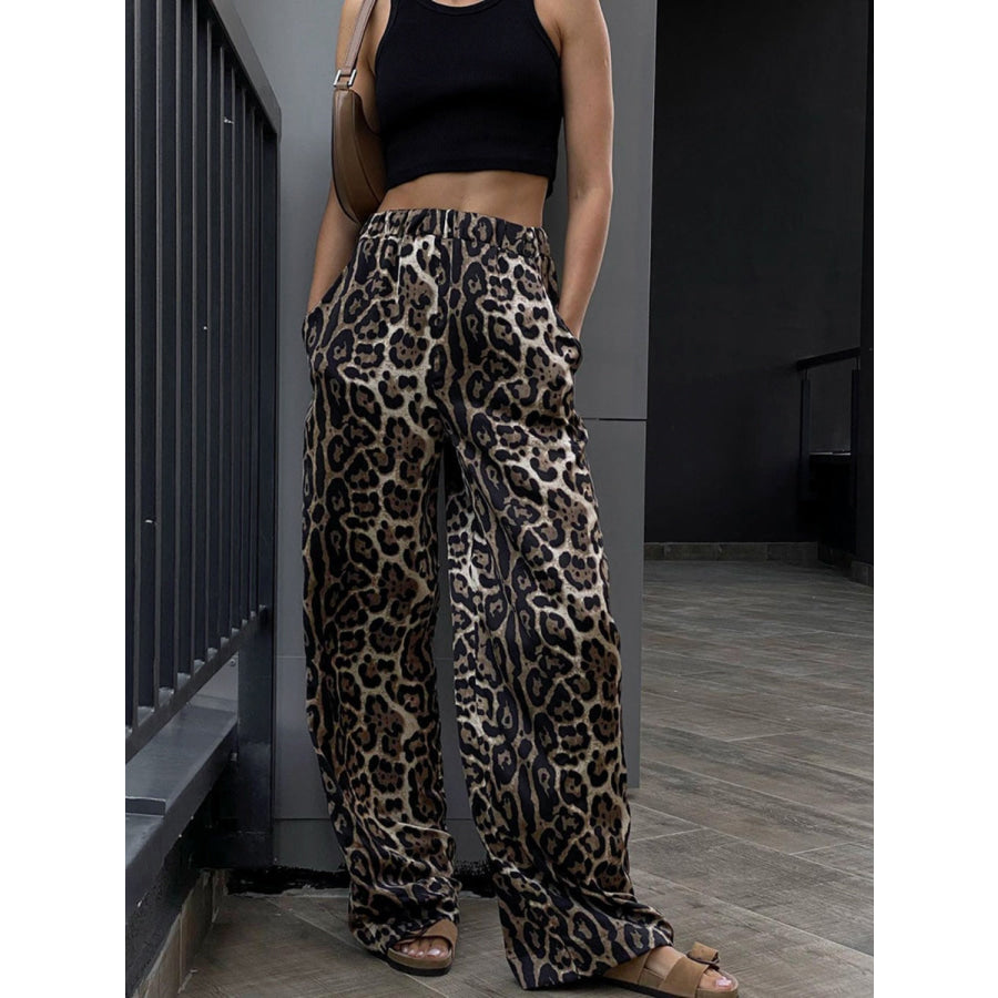 Leopard High Waist Wide Leg Pants Black / S Apparel and Accessories
