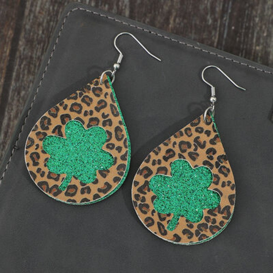 Leopard Hollowed Leather Teardrop Earrings Mid Green / One Size Apparel and Accessories