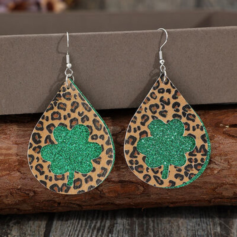 Leopard Hollowed Leather Teardrop Earrings Mid Green / One Size Apparel and Accessories