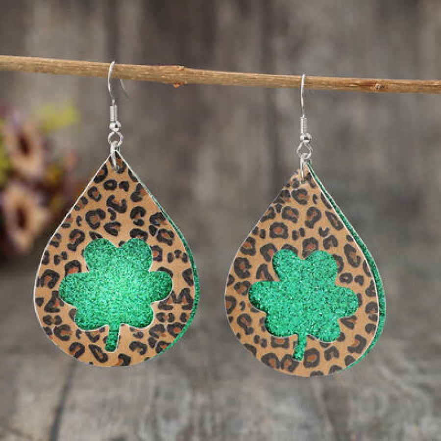 Leopard Hollowed Leather Teardrop Earrings Mid Green / One Size Apparel and Accessories