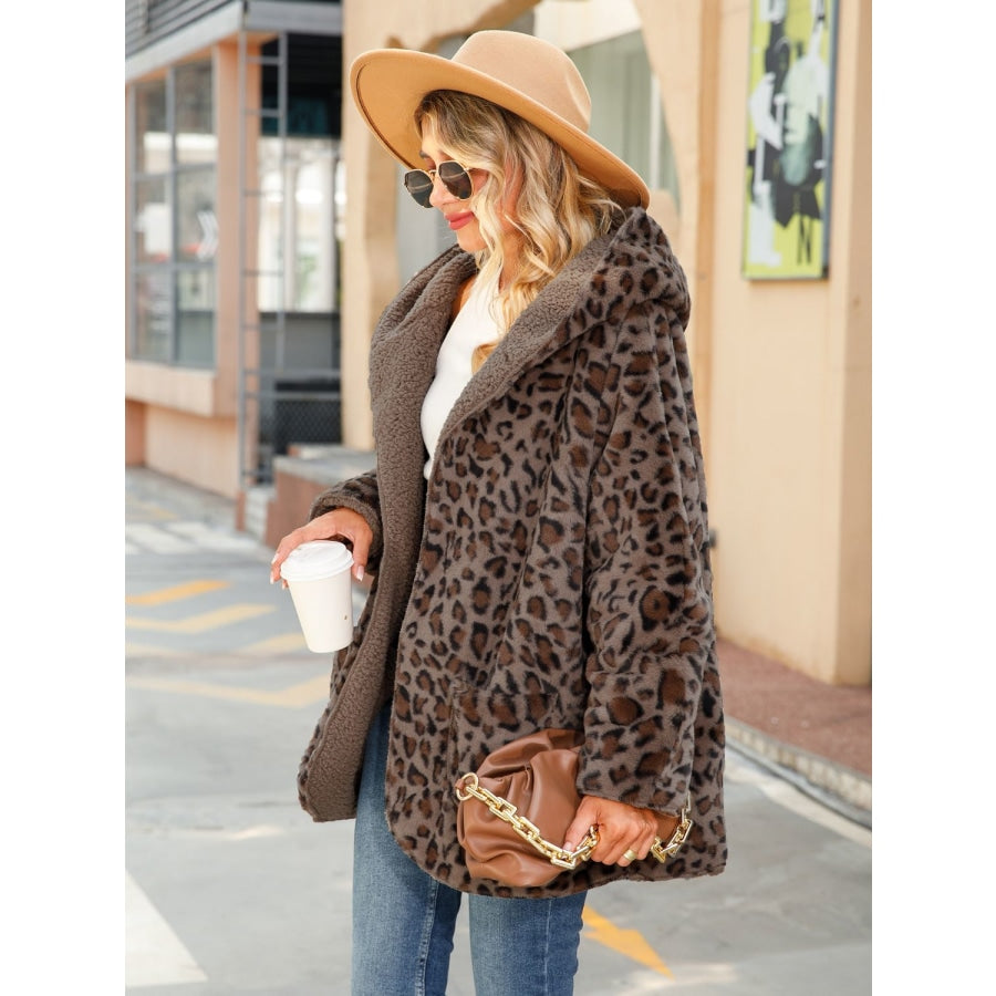 Leopard Hooded Coat with Pockets