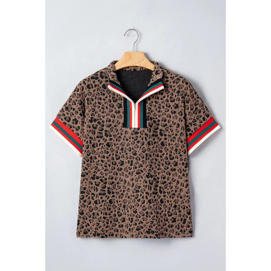 Leopard Jacquard Striped Patchwork Half Zip Short Sleeve Blouse Apparel and Accessories
