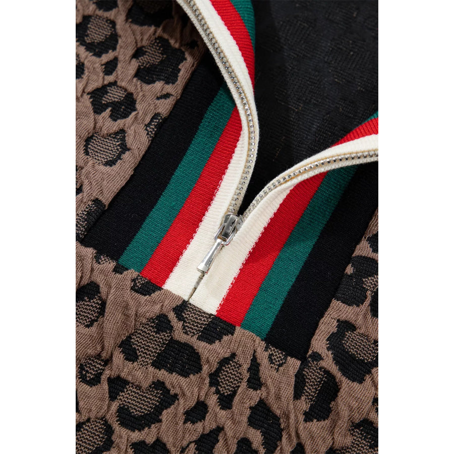 Leopard Jacquard Striped Patchwork Half Zip Short Sleeve Blouse Apparel and Accessories