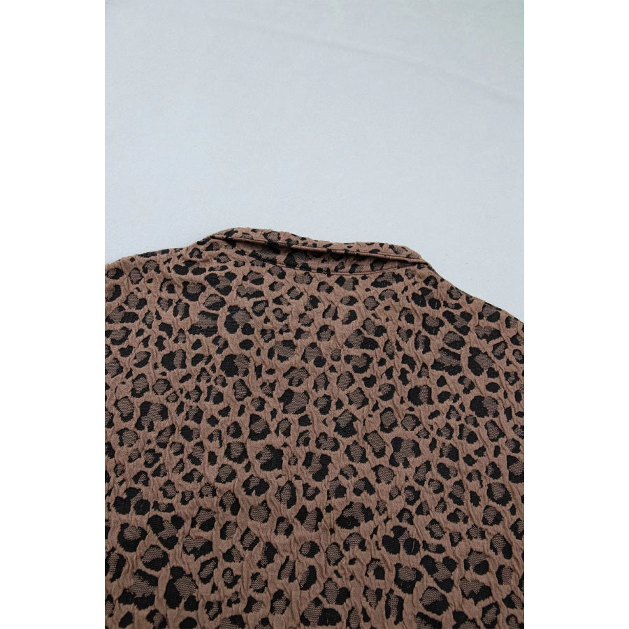 Leopard Jacquard Striped Patchwork Half Zip Short Sleeve Blouse Apparel and Accessories