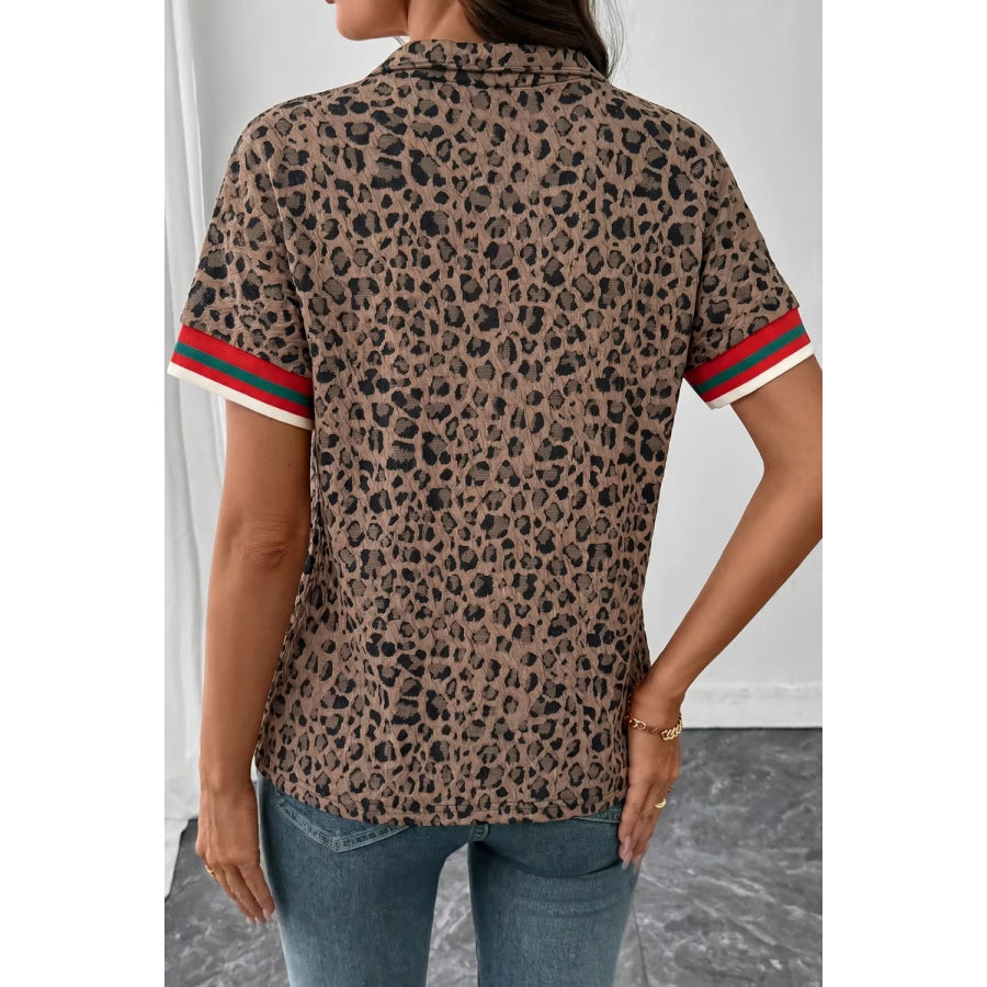 Leopard Jacquard Striped Patchwork Half Zip Short Sleeve Blouse Apparel and Accessories