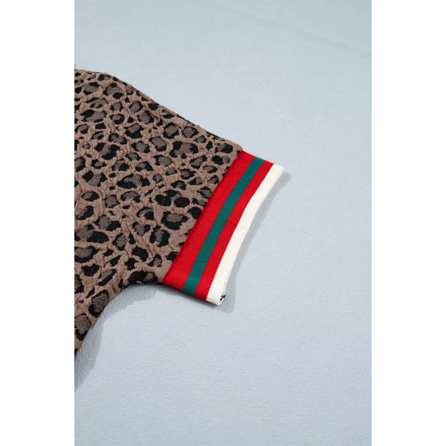 Leopard Jacquard Striped Patchwork Half Zip Short Sleeve Blouse Apparel and Accessories