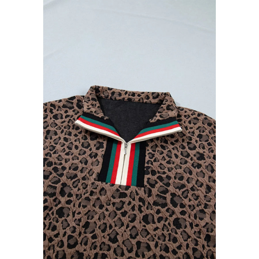 Leopard Jacquard Striped Patchwork Half Zip Short Sleeve Blouse Apparel and Accessories