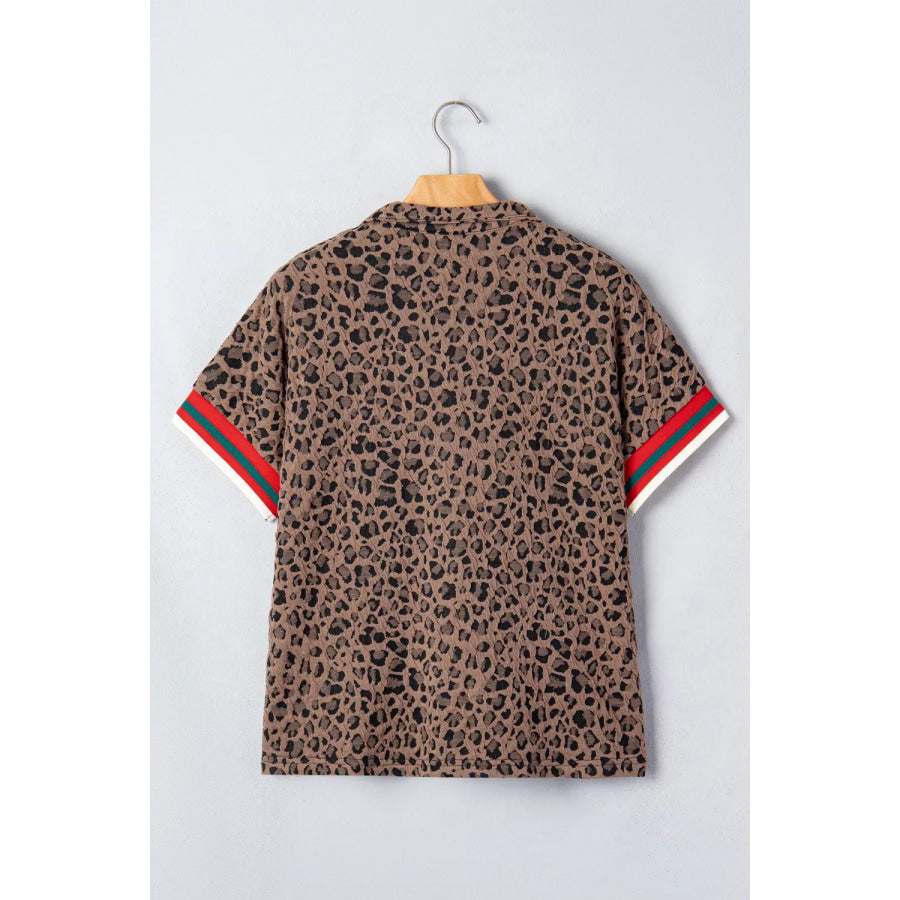 Leopard Jacquard Striped Patchwork Half Zip Short Sleeve Blouse Apparel and Accessories