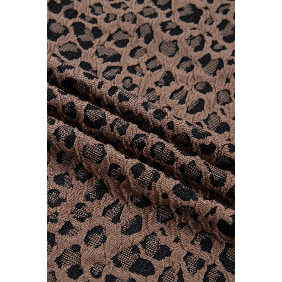 Leopard Jacquard Striped Patchwork Half Zip Short Sleeve Blouse Apparel and Accessories