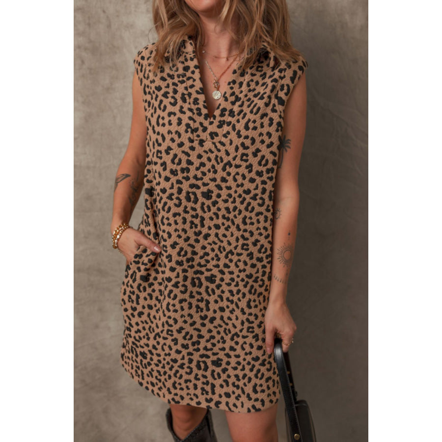 Leopard Johnny Collar Sleeveless Mini Dress Brown / S Apparel and Accessories