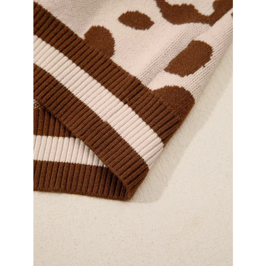 Leopard Knit Notched Casual Sweater Apparel and Accessories