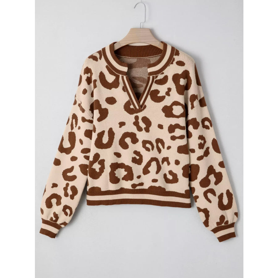Leopard Knit Notched Casual Sweater Apparel and Accessories
