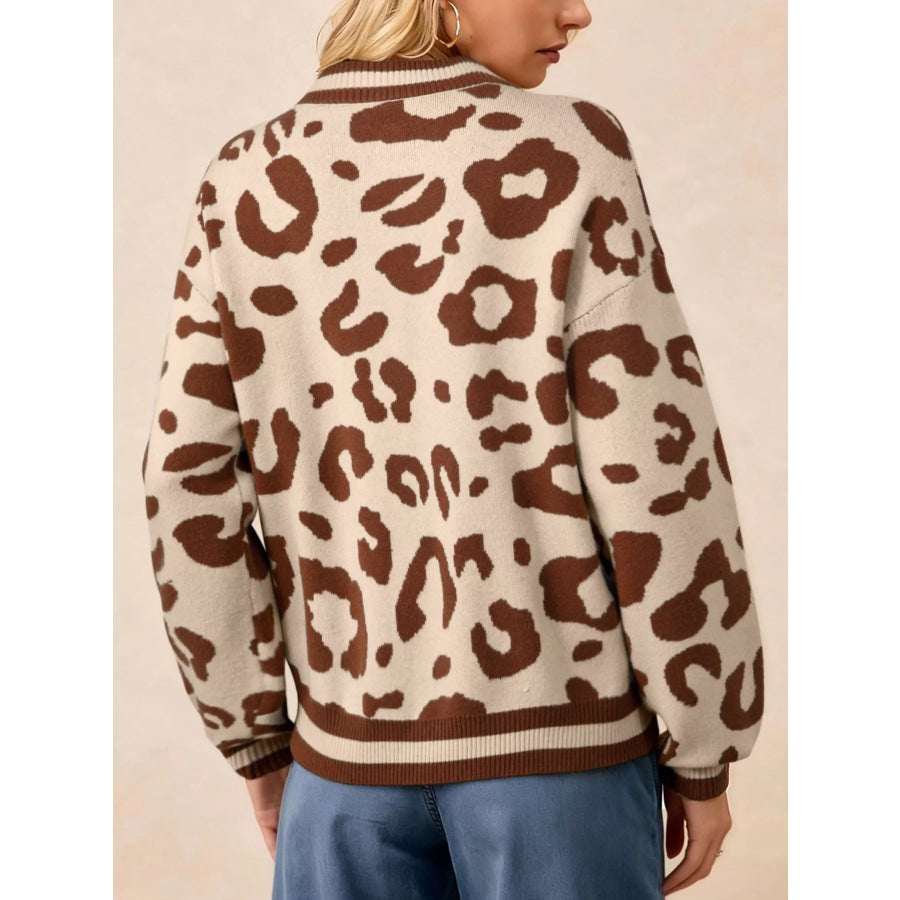 Leopard Knit Notched Casual Sweater Apparel and Accessories