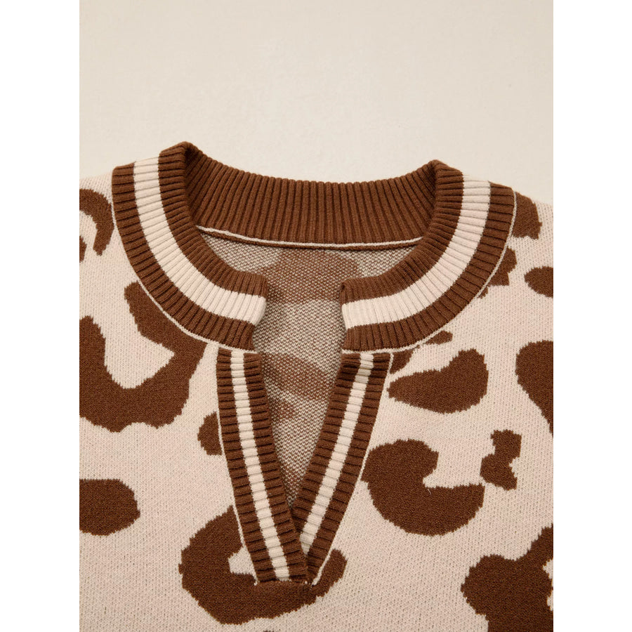 Leopard Knit Notched Casual Sweater Apparel and Accessories