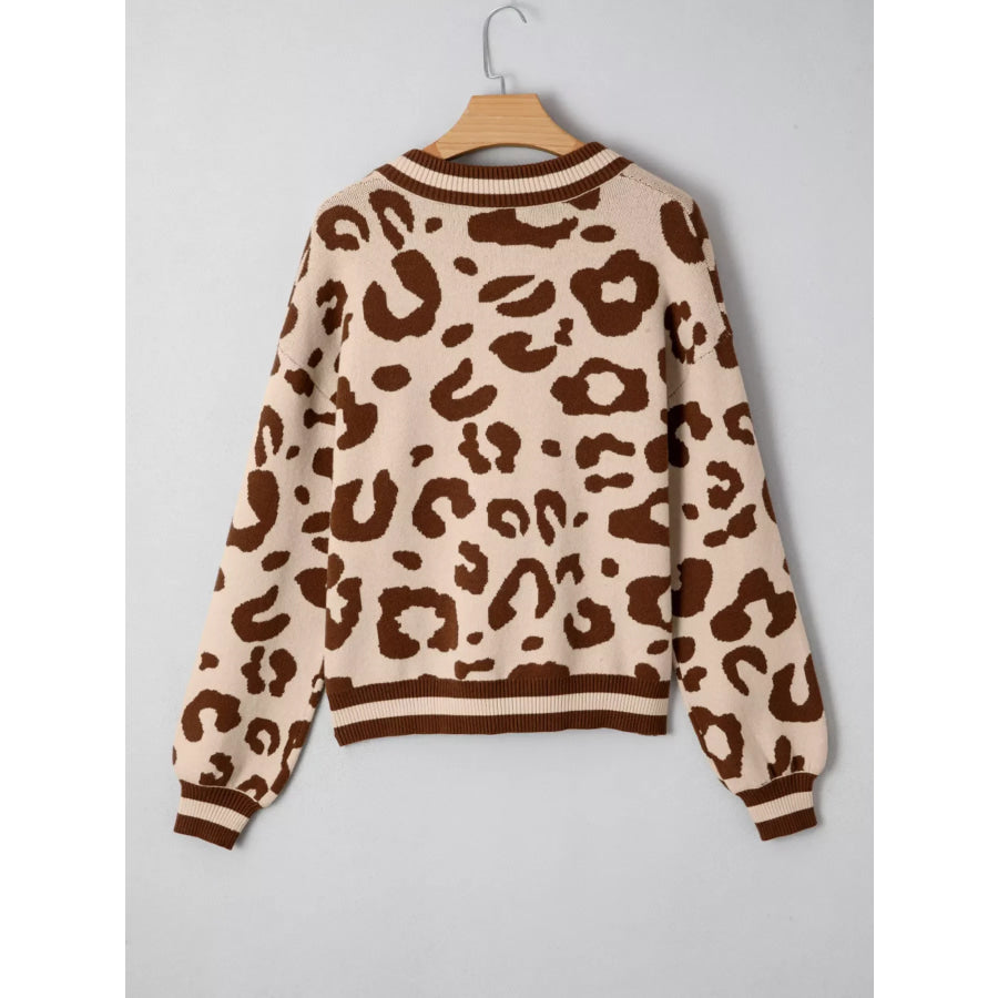 Leopard Knit Notched Casual Sweater Apparel and Accessories