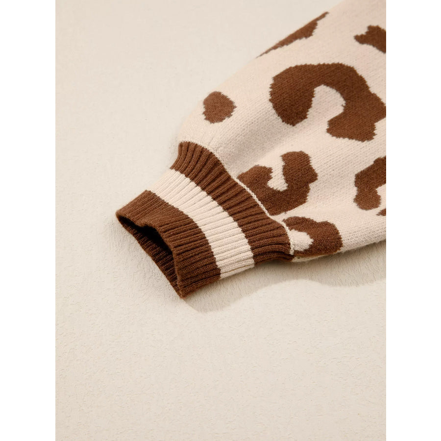 Leopard Knit Notched Casual Sweater Apparel and Accessories