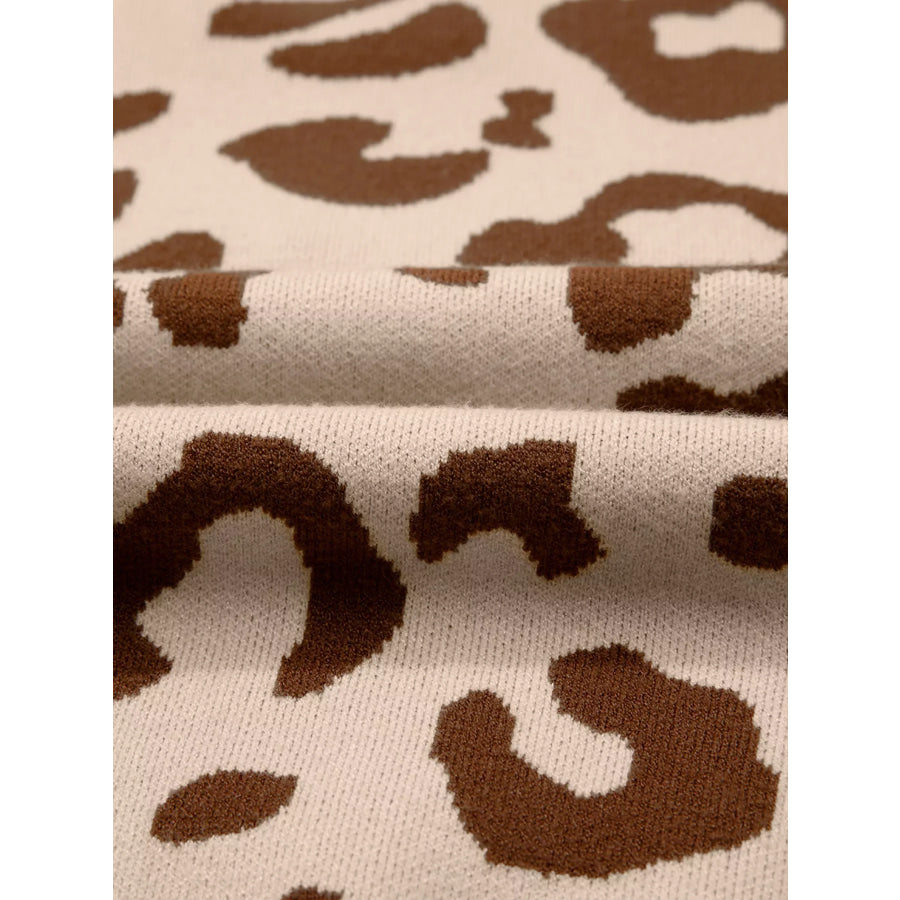 Leopard Knit Notched Casual Sweater Apparel and Accessories